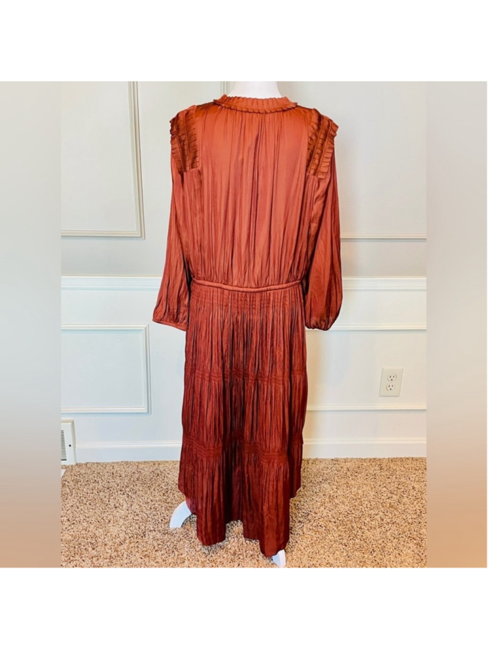 Chico's dress 2.5 Large Brown Satin Boho Flowy Maxi Peasant Timeless Career - Picture 3 of 5